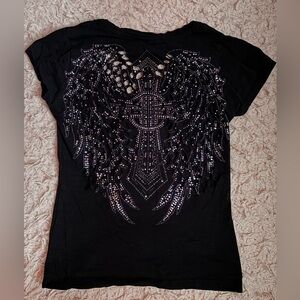 Embellished Black Angel Wing Women's Tee